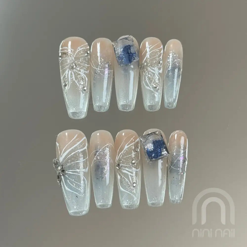 Blue Pearl Butterfly Press On Nails